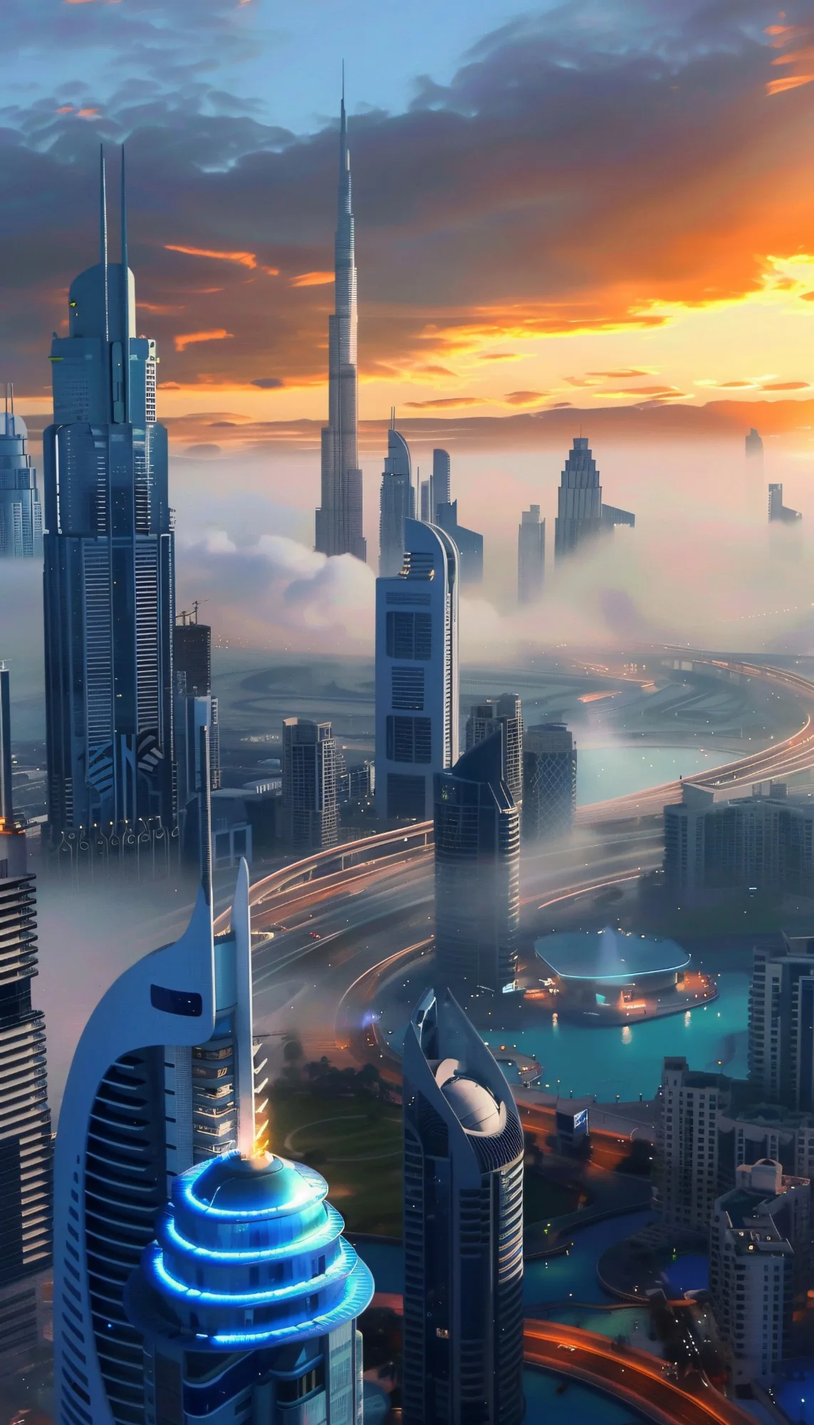 Dubai skyline rising above morning mist at sunrise, Burj Khalifa in the distance