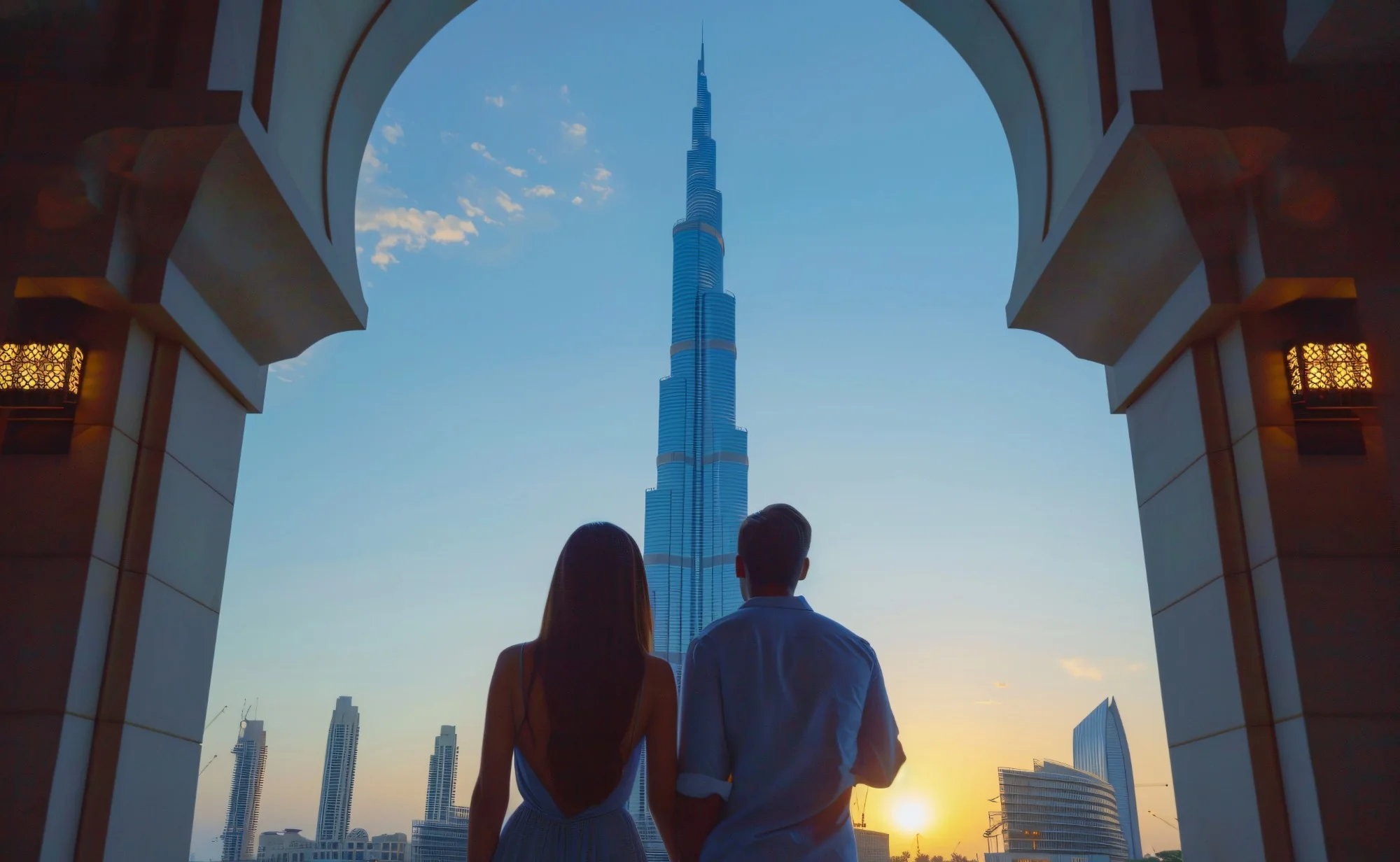 A couple looking up at the Burj Khalifa through a sunset archway